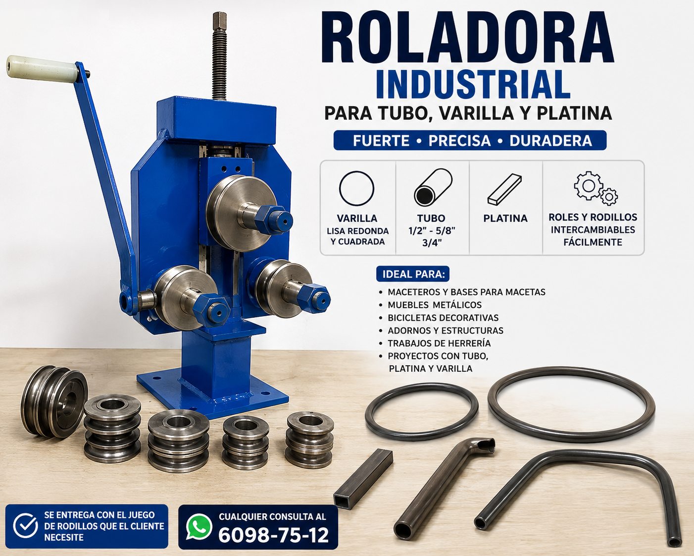 Roladora pequeña, rodillos y trabajos realizados